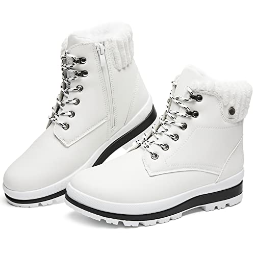 BABUDOG Womens Waterproof Ankle Boots for Outdoor (Non Slip Outsole),Fashion Combat Boots with Side Zipper,Warm Fur Lined Winter Snow Boots(White.US9)