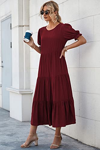 Image of PRETTYGARDEN Women's Short Sleeve Midi Floral Dress | Long Flowy Boho Sun Dresses, Tiered A Line, Elastic Waist, Casual Spring Summer Outfits for Beach Wedding, Vacation, Cruise
