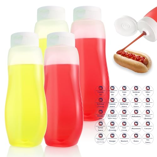 Nacxbwer Condiment Squeeze Bottles for Ketchup Hot Sauce Liquids Oil with Caps for Condensed Milk and Mustard Salad Dressing Dispenser Clear Plastic Bottles Dressing Container LD PE 18 oz 4 Pcs