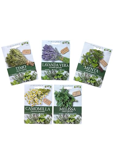 FIORAL-OFFERTA 5 BUSTE Di Semi Da Piantare-Timo, Lavanda Vera, Menta, Camomilla comune, Melissa. Sementi Selezionate e di Alta Qualità. L'ortolano Fioral.