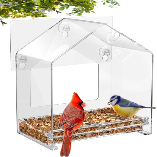 Window Bird Feeder, Suction Cup Window Birdfeeder for 6.8' Larger Viewing, Squirrel-Proof Strong Suction Cup Bird Feeder w/Self-Adhesive for Cats Outdoors
