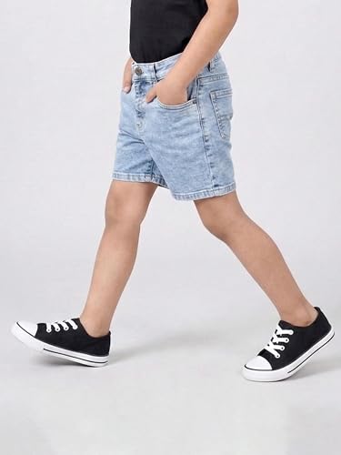 Image of KiddoPanti Boys Knee-Length Denim Shorts | Stretchable Cotton Poly Denim | Comfortable Fit with Button Elasticated Waistband & Zip Fly