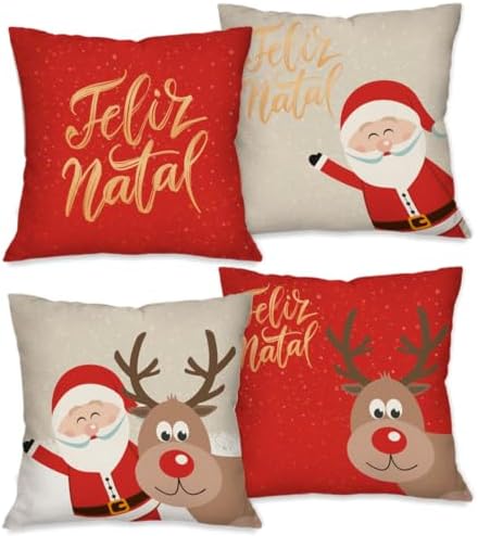 Kit com 4 Capas para Almofadas Natalinas Feliz Natal