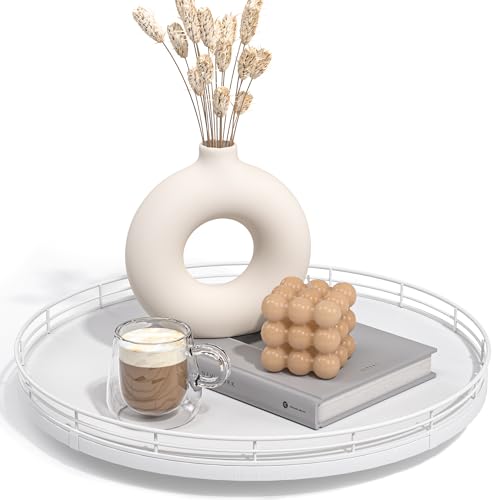 Image of 13 inch Oak Wood Decorative Tray for Home Decor, Tray for Coffee Table Decor Perfume Nightstand Vanity Bathroom Trays for Counter Candle Jewelry Makeup Farmhouse Table Centerpiece for Dining Room White