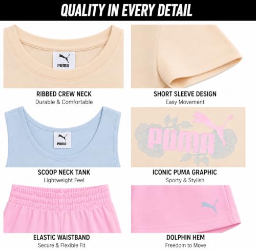 Image of PUMA Girls Active Shorts Set - 3 Piece Performance T-Shirt, Tank Top, Gym Shorts - Summer Athletic Outfit for Girls (7-14)