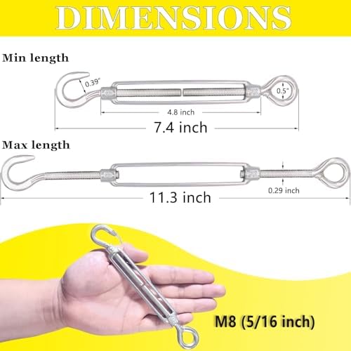 Turnbuckle Lsqurel 10피스 304 스테인리스 스틸 턴버클 후크 앤 아이 튼튼한 M4 M6 M8 M10 텐셔너 조절 가능한 쉐이드 세일 하드웨어 금속 케이블 와이어 5/32 1/4 5/16 3/8 — 사진 2