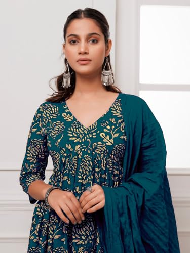 Image of GoSriKi Women's Cotton Blend Anarkali Printed Kurta with Pant & Dupatta