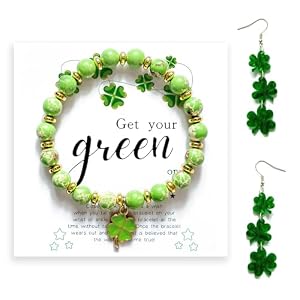 18K Gold Plated Clover Lucky Bracelet-Green Stone Four Clover Link Bracelets Trendy Jewelry Gifts for Women(Free Acrylic Dangle Earrings)