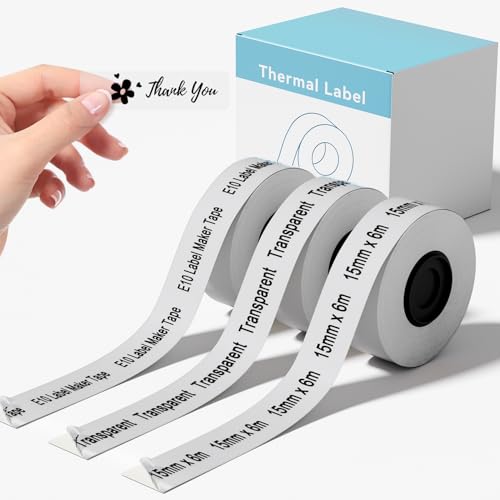 3 Rolls Compatible with SUPVAN E10 & E11 Label Maker Tape Transparent Continous 0.59in x 19.68ft (15mm x 6m) Standard Laminated Thermal Label Tape Refill Replacement for SUPVAN E10 & E11