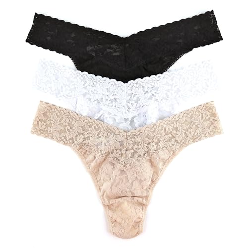 hanky panky - Signature Lace Original Rise Thongs for Women (3 pack) | One Size (4-14) | Black/White/Chai | No VPL, Soft Nylon Stretchy Lace, Comfortable Lingerie, Underwear for women