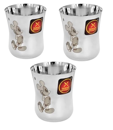 Image of TANISHI KITCHEN'S Stainless Steel Mickey Character Small Glass- Set of 3, 100ml Each | Safe & Fun Drinkware for Kids | Cartoon-Printed, Break-Resistant & Dishwasher Safe