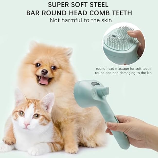 Pet Steam Brush for Cat & Dog ¨C 4-in-1 De-Shedding, Steam Spray, and Self-Cleaning Grooming Tool ¨C Ideal for Long and Short-Haired Pets¨C Includes 2 Bottles of 120 mL Waterless Shampoo(Green)-NN4YOK87