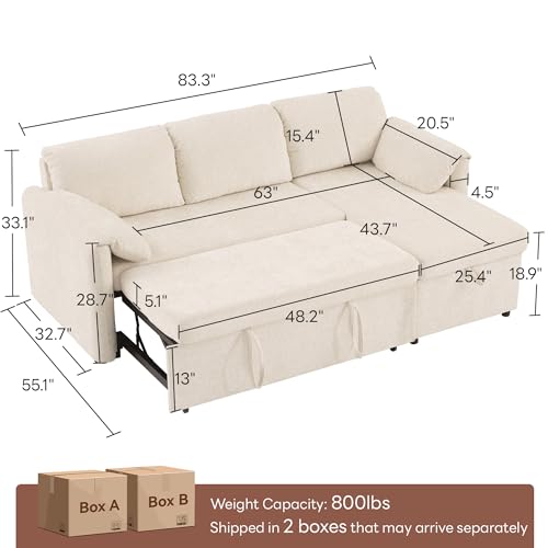 Tbfit 83'' Sleeper Sofa Bed with USB & Storage Chaise, Convertible Pull Out Sofa Bed, Couches for Living Room, Dorm, RV, Small Spaces, White Sherpa — view 2