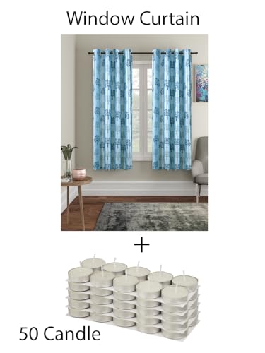 Image of Cortina Floral Light-Filtering Polyester Curtains 5 feet Long Pack of 2 + 50 Candle for Window [ Opacity: 50-60%, Color: Blue, Printed Curtain -130 GSM ]