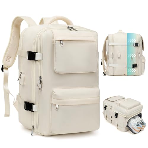 TRAVELHEART Travel Backpack for Women and Men - Carry On Backpack for Airplanes - Flight Approved - Large Expandable 45L, White
