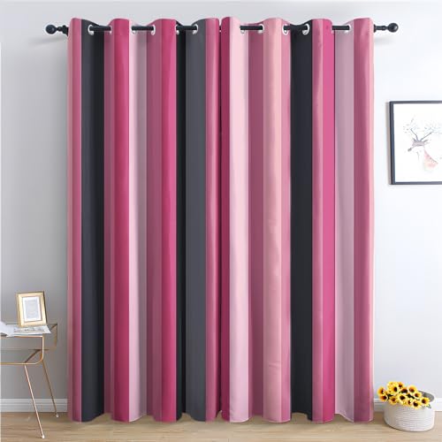 Hot Pink and Black Striped Blackout Curtains 66 x 54 Inch Thermal Insulated Eyelet Drapes for Bedroom and Living Room