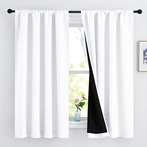NICETOWN White 100% Blackout Curtains, 2 Thick Layers Completely Blackout Rod Pocket Thermal Insulated Drapes for Kitchen/Bedroom (1 Pair, 52 inches W