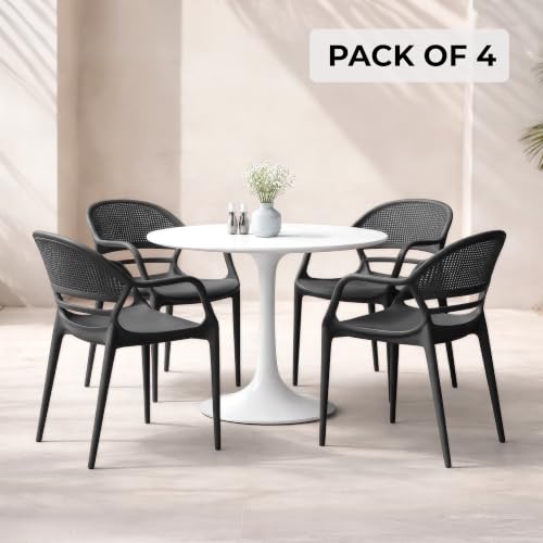 Image of DIYA Sunset Designer Plastic Chair for Home, Balcony & Garden | Heavy-Duty Arm Chair for Indoor & Outdoor Seating | Strong PP Body, 1-Year Warranty - Pack of 4 (Black)