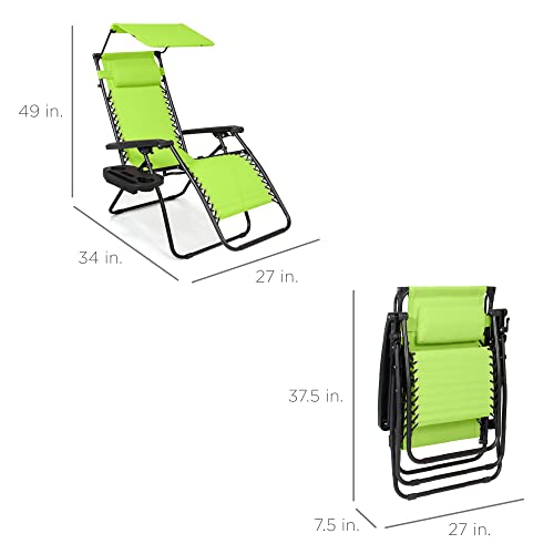 Best Choice Products Folding Zero Gravity Outdoor Recliner Patio Lounge Chair W/Adjustable Canopy Shade, Headrest, Side Accessory Tray, Textilene Mesh - Lime Green #TOP6