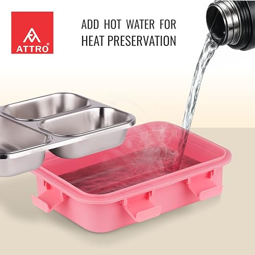 Image of ATTRO Trio Meal Stainless Steel Lunch Box with 3 Partition, Microwave Safe, Airtight Leakproof Silicone Seal Lid, BPA-Free Food Grade Tiffin Box for Office School Kids - 600ml - Pink
