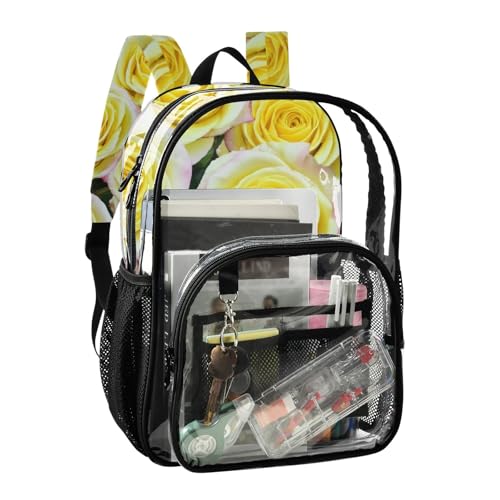 Clear Backpack for Women Pale Yellow Roses Pink Edges Boys Backpacks for Girls See through Shoulder Bag2