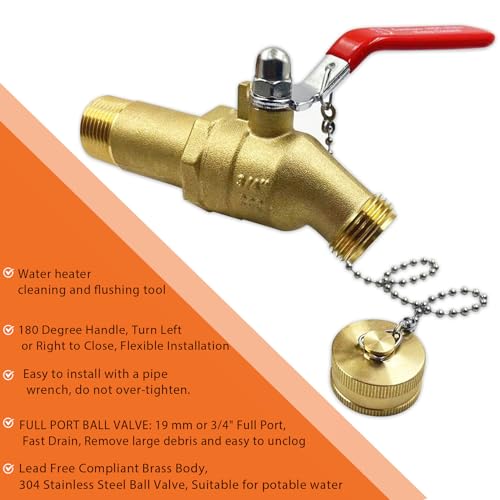 Upgrade Water Heater Drain/Flush Ball valve kit, Full-Port Valves 3/4"MIP x 3/4" Male GHT Connection to Hot Water Heater Tank, 2 inch Shank, 180 degree Handle with Chain, Cap and Thread Tape by ZGTools - Image 6