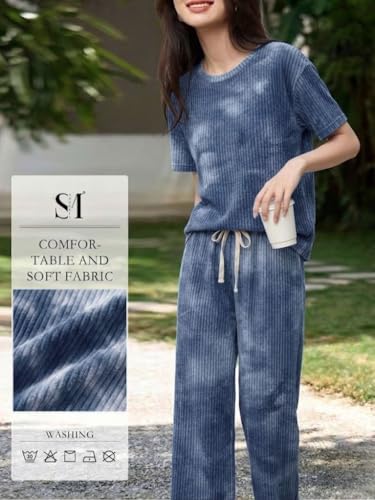 Image of SMOWKLY Korean Night Dress |Summer wear | Lounge Wear |Everyday Pyjama Set |Tie-dye Relaxed Fit Stylish Pajama Sets | Short Sleeve Top & Long Pant Sleepwear Pjs Lounge Set Co-ords Outfit with Pockets