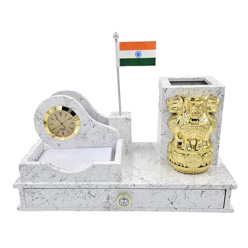 Image of WOOD HOUSE White Marble Look Wooden Pen Stand with Flag - Elegant Desk Organizer for Pens and Office Essentials - Patriotic Flag Accent - Stylish and Functional Home and Office Decor