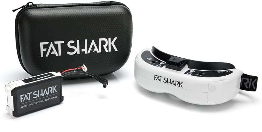Fat Shark Dominator HDO2 FPV Goggles, 18650 headset battery case, and carrying case laid out.