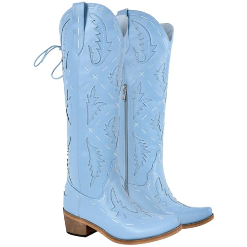 Yolkomo Cowboy Boots for Women Knee High Cowgirl Boots Lace Up