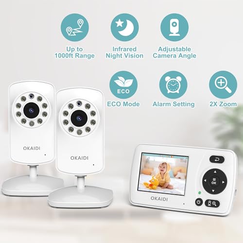 Image of OKAIDI Video Baby Monitor with 2 Cameras, 2.4'' Portable Travel Screen, 1000ft Long Range Transmission, Baby Monitor No WiFi, Infrared Night Vision, VOX Mode