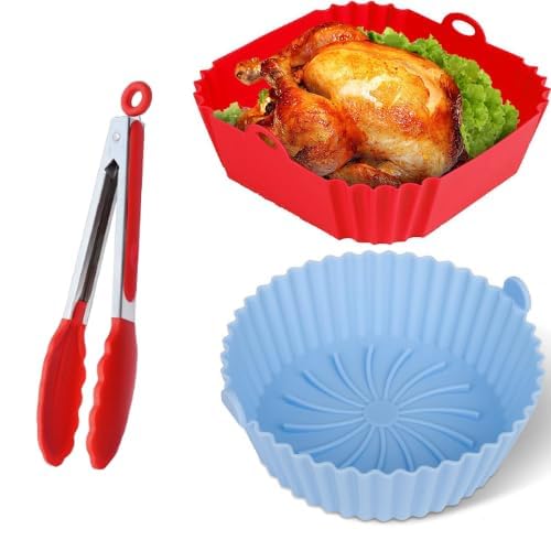 Image of 2 Reusable 1 Round and 1 Square 8 inch Silicone Air Fryer Liners for 3-5 QT Fryers,Non Stick Foldable Liners Airfryer Parchment Liner with Free 9 Inch Tongs with Silicone Tip