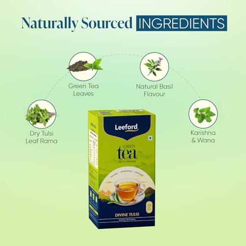Image of Leeford Divine Tulsi Green Tea for Weight Loss - with Antioxidants and Nutrients | Pack of 2 (30 Bags Each) | Stress Relieving, Uplifts Mood, Rich in Antioxidants | Green Tea for Weight Loss