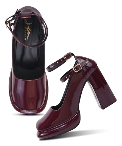 Image of JM LOOKS Mary Jane Shoes Women Chunky Block Heels Mary Janes Dress Shoes for Women Close Cap Toe 5 Inch Women's Pumps Shoes with Buckle Double Strap Comfy Pumps for Office Party Casual Wedding