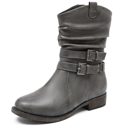 Ataiwee Women's Mid-Calf Boots Round Toe Low Heel Zip Booties,Grey 8.5