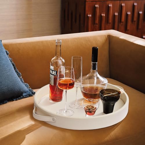 HofferRuffer Top Nocth PU Leather Round Serving Tray, Decorative Serving Tray with Handles, Coffee Tray, Ottoman Tray for Home Or Office, Diameter 14.6-inch (CreamWhite) by HofferRuffer - Used condition - Image 4