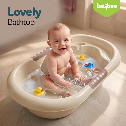 Image of Baybee Lovely Baby Bath Tub for 0 to 5 Years | Ergonomic Bath Tub for Kids with Quick Drain & Storage | Premium Baby Bather with Non Slip Base & Side Grip Bathing Tubs for Boys Girls (Beige)