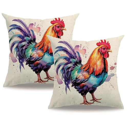 7COLORROOM Watercolor Animals Throw Pillow Covers 18x18 Inch Painting Rooster Print Cushion Case Farmhouse Spring Summer Decoration 2Pack Square Pillowcase for Patio Couch Sofa (Red)