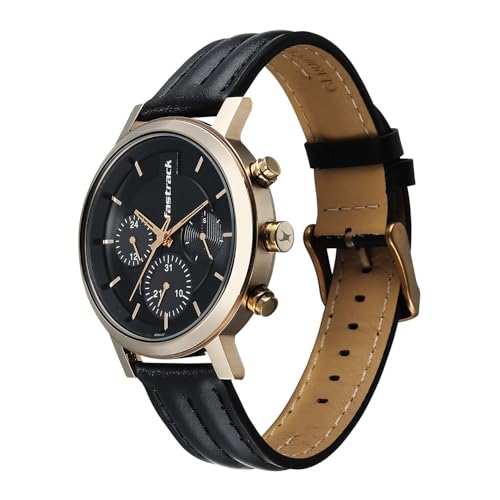 Image of Fastrack Chrome K Quartz Analog with Black Dial Black Leather Strap Watch for Men - 3287QL03