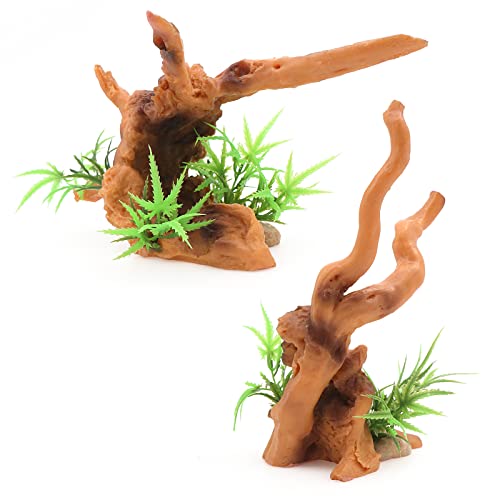 AQUA KT Reptile Climbing Assorted Branch Kit for Terrarium Snake Lizard Bearded Dragon Cage Habitat, Aquarium Driftwood with Plant Decor for Fish Tank Decoration, Pack of 2