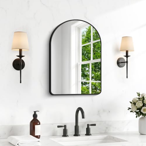 Image of BONEWEI Arched Wall Mirror,18x24 inch Black Arched Mirror Bathroom,Vanity Mirror for Over Sink Metal Frame,Tempered Glass Arch Mirrors for Bedroom,Entryway,Living Room,Home Decor Shatter-Proof