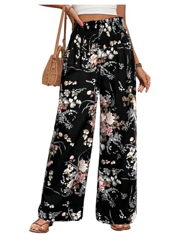 Women's Floral Boho Wide Leg Shirred Elastic High Waisted Long Trousers Vacation Beach Outfits