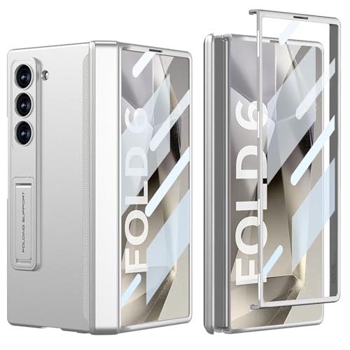 NATNAV For Samsung Galaxy Z Fold 6 Case [Magnetic Hinge Protector] [Front Screen Protector] [Hidden Kickstand] Ultra Thin PC 360 Degree All-Inclusive Bumper Case for Phone Cases (Silver)