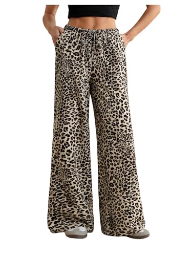 Women's Y2K Retro Cheetah Wide Leg Pants Drawstring Waist Low Rise Long Trousers with Pockets