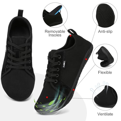 Geweo Barfußschuhe Sneaker Breite Walking Schuhe Barfuss Damen Herren Trail Laufschuhe Minimalistische Fitness Knit Unisex Weit rutschfest Zehenschuhe Zero Drop Solhe Freizeit Schwarz 39EU