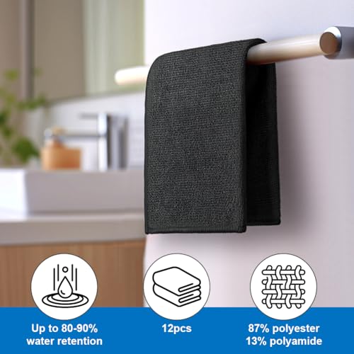 AYESY Paños de Limpieza de Microfibra, 12 Piezas Toallas de Limpieza Multiuso Paños de Cocina de Microfibra Reutilizables Trapos de sin Rayas Muy Absorbentes Tamaño 30 x 30 cm (Negro) - imagen 4