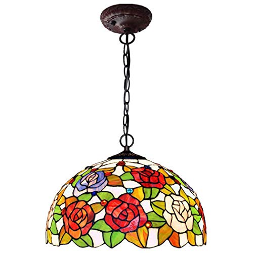 Lustre en vitrail rétro à motif rose 16", suspension artistique pour chambre romantique