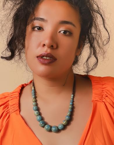 MINACHI Blue Ceramic Round Bead Necklace, Retro Boho Long Necklace for Women2