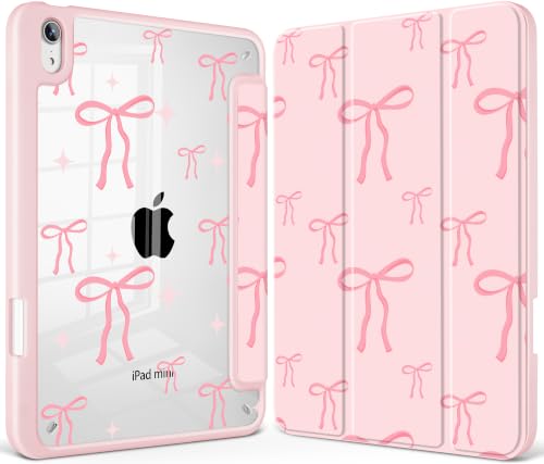 May Chen Slim Case for iPad mini 7 (A17 Pro, 7th Generation) 2024 / iPad mini 6 (6th Gen) 8.3 Inch, [Built-in Pencil Holder] Shockproof Cover Clear Clear Back Shell Auto Wake/Sleep, Pink Bows P721