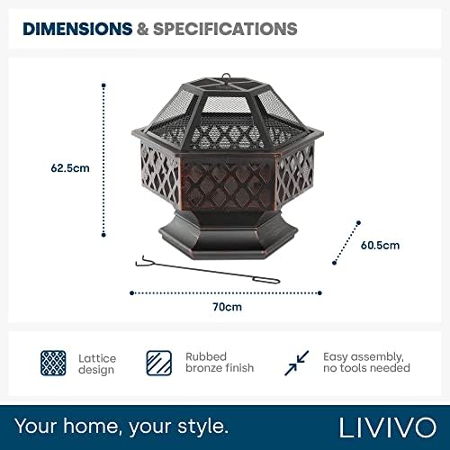 LIVIVO Hexagonal Fire Pit - Outdoor Oil Rubbed Bronze Fire Pit With BBQ Grill, Metal Poker Iron, Mesh Ember and Spark Guard Screen